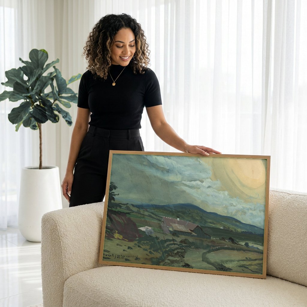 Quadro Decorativo Paisagem com Sol - Oskar Laske com modelo em ambiente