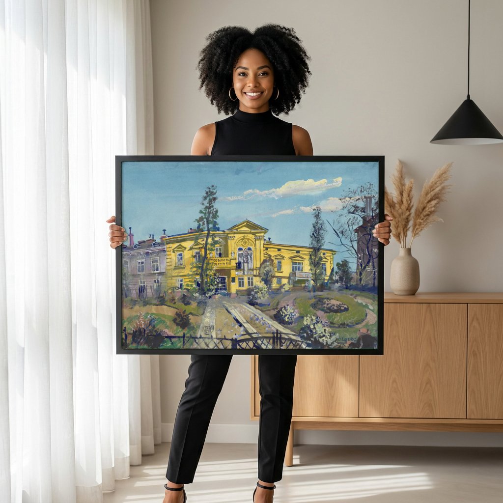 Quadro Decorativo Edifício Amarelo - Oskar Laske com modelo em ambiente