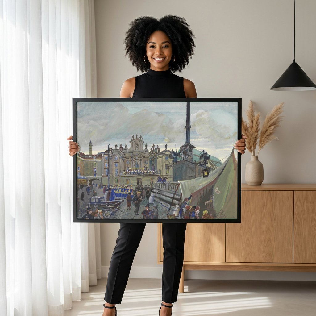 Quadro Decorativo Mercado de Viena - Oskar Laske com modelo em ambiente