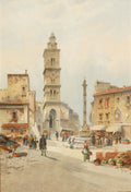 Pintura a óleo de Karl Kaufmann mostrando uma praça de mercado italiana movimentada com uma torre de relógio alta e uma fonte, pessoas e bancas de frutas e legumes sob um céu claro.