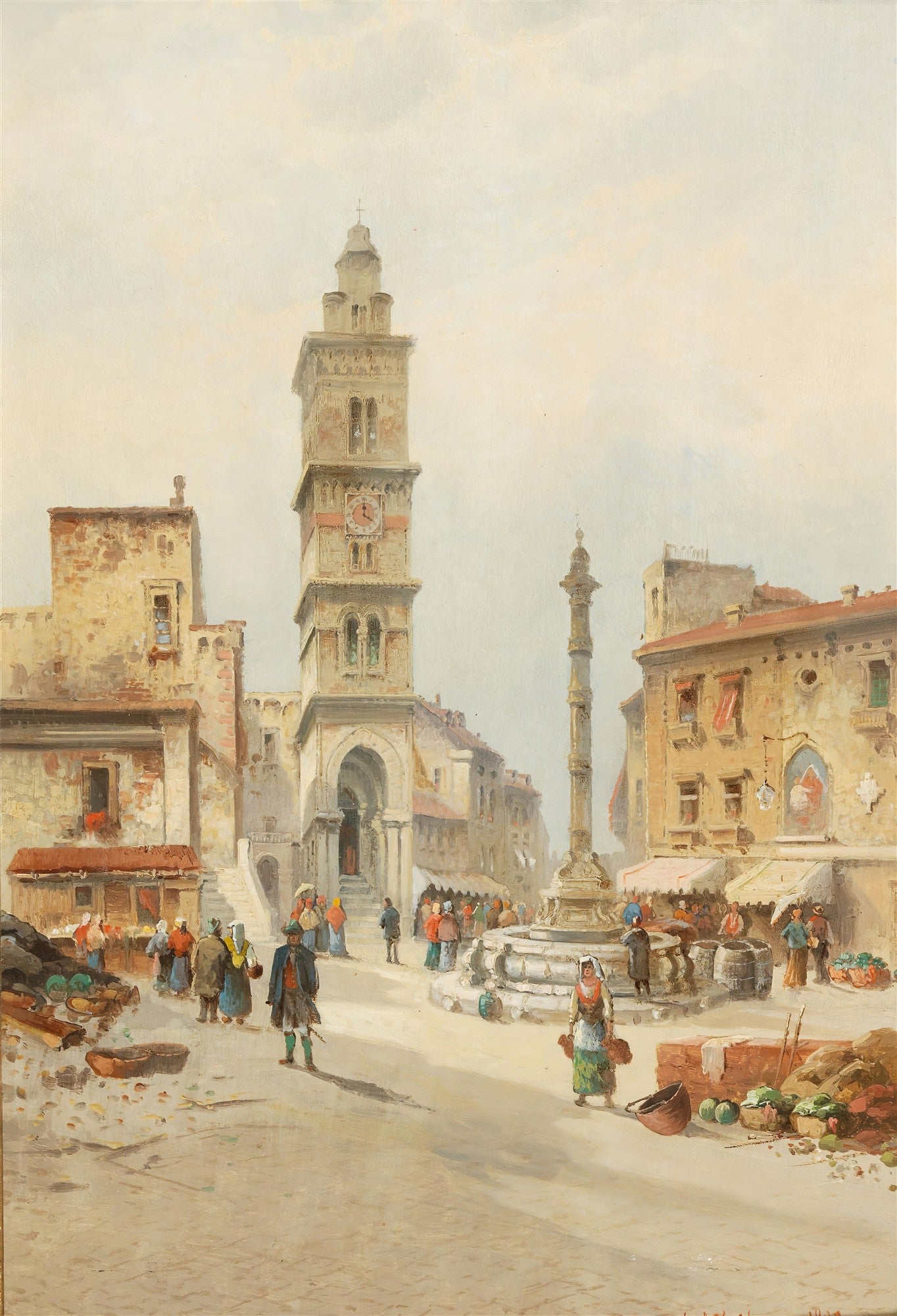 Pintura a óleo de Karl Kaufmann mostrando uma praça de mercado italiana movimentada com uma torre de relógio alta e uma fonte, pessoas e bancas de frutas e legumes sob um céu claro.