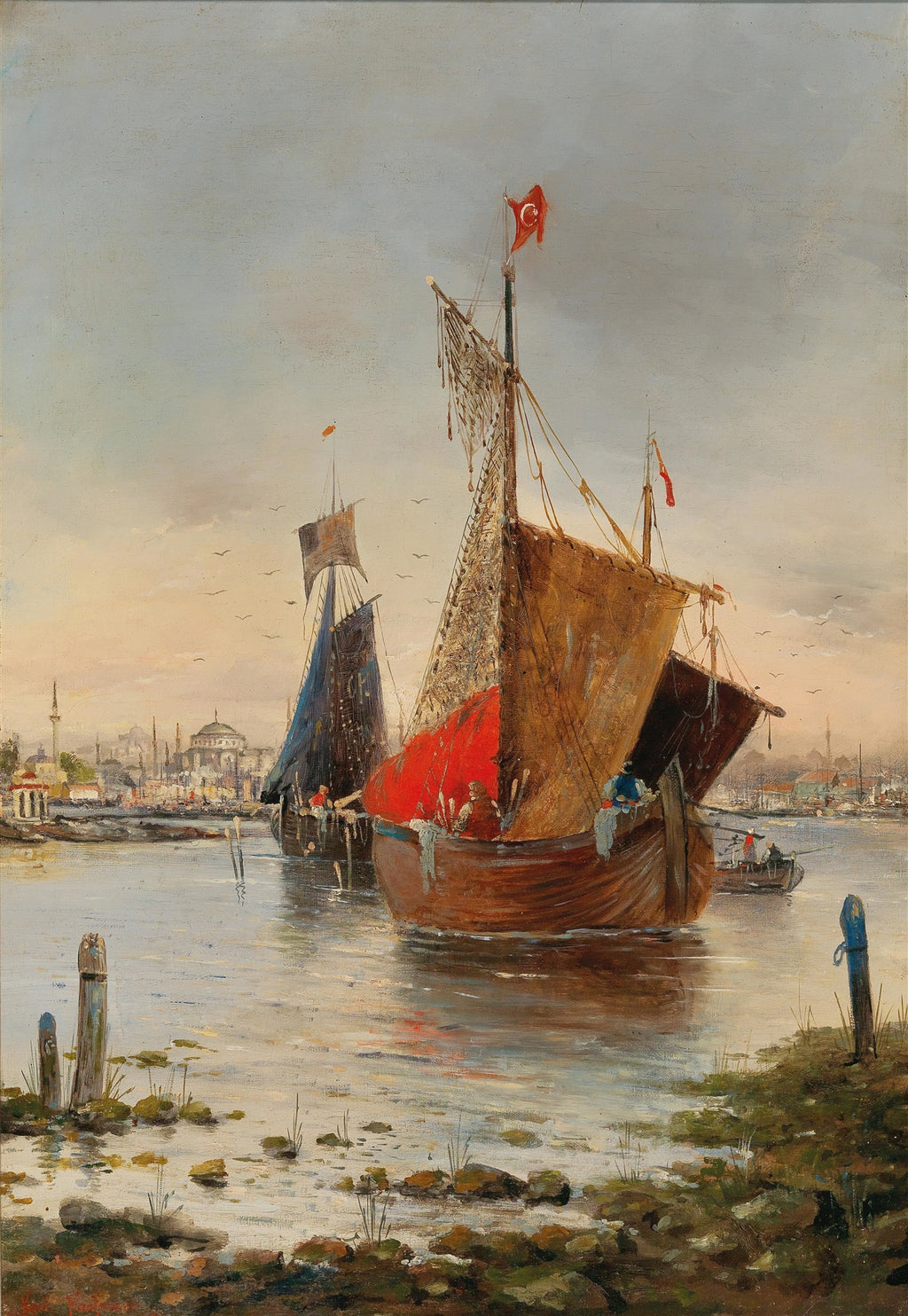 Pintura a óleo atribuída a Karl Kaufmann, retratando um porto movimentado em Istambul com barcos de pesca, céu claro e edifícios históricos ao fundo. Um barco em primeiro plano tem velas vermelhas e marrons.