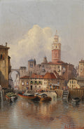 Pintura a óleo de Karl Kaufmann retratando um canal em Veneza ao entardecer, com edifícios históricos, uma torre alta e barcos na água, refletindo a luz dourada.