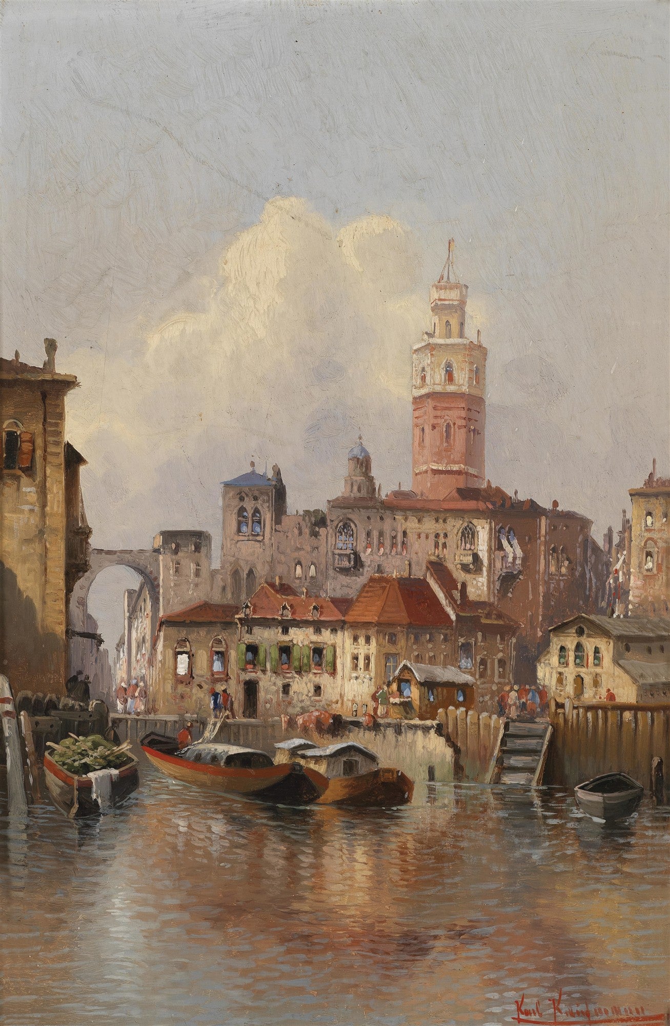 Pintura a óleo de Karl Kaufmann retratando um canal em Veneza ao entardecer, com edifícios históricos, uma torre alta e barcos na água, refletindo a luz dourada.