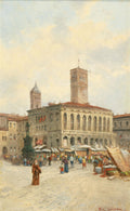 Pintura a óleo de Karl Kaufmann retratando uma praça de mercado movimentada em uma cidade italiana, com edifícios históricos e torres ao fundo, e figuras em primeiro plano.