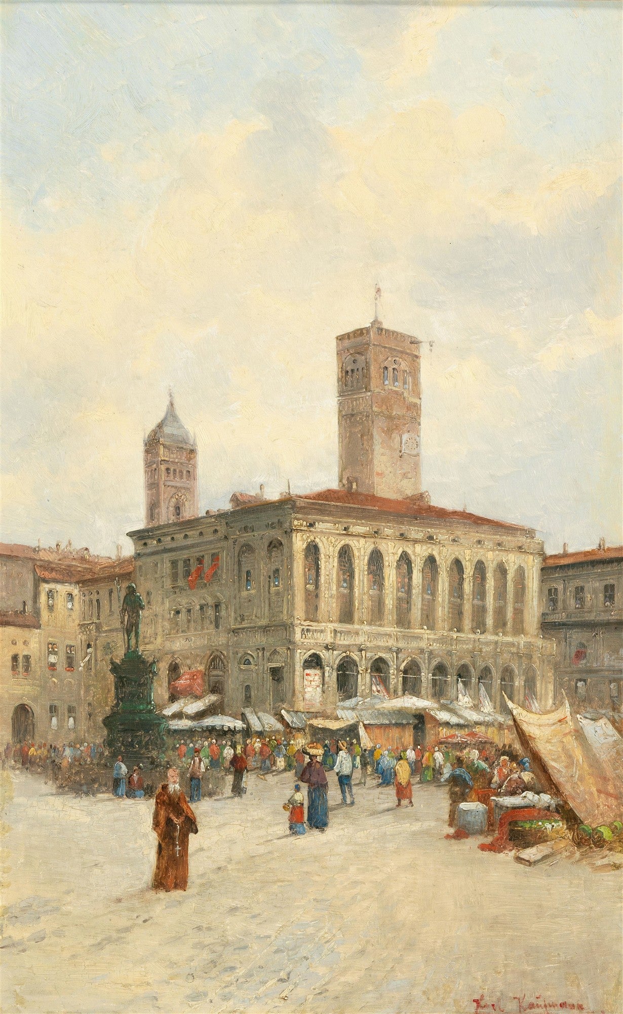 Pintura a óleo de Karl Kaufmann retratando uma praça de mercado movimentada em uma cidade italiana, com edifícios históricos e torres ao fundo, e figuras em primeiro plano.