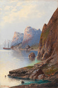 Pintura a óleo de Karl Kaufmann de um fiorde norueguês com montanhas rochosas íngremes, um veleiro no mar e céu nublado.