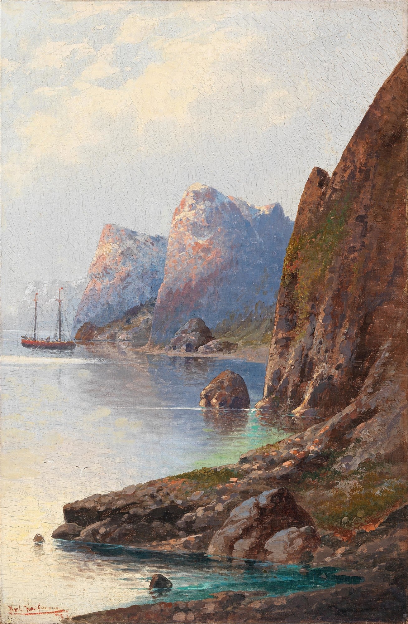 Pintura a óleo de Karl Kaufmann de um fiorde norueguês com montanhas rochosas íngremes, um veleiro no mar e céu nublado.