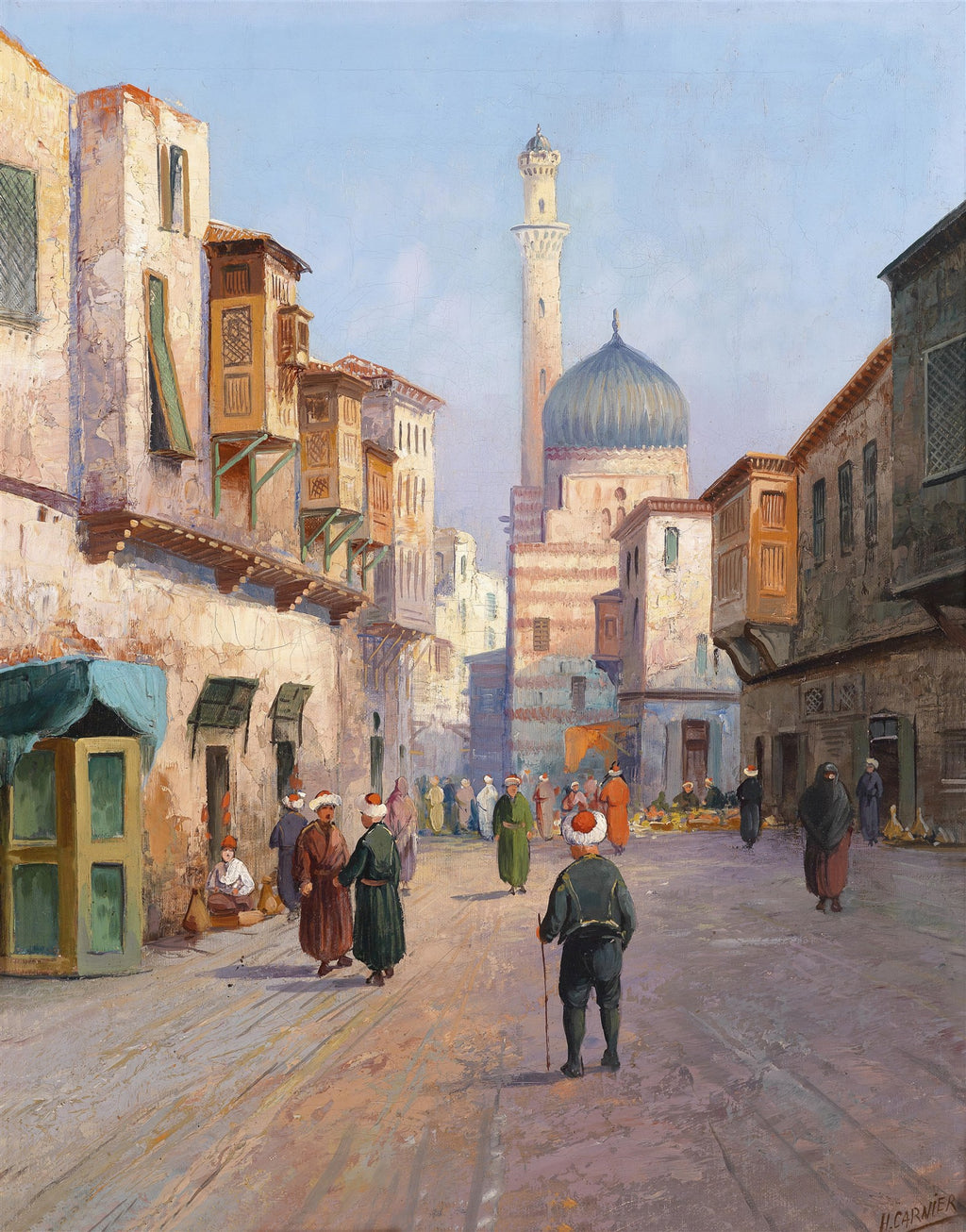 Pintura a óleo de uma rua movimentada em um cenário oriental, com pessoas vestindo trajes tradicionais, edifícios históricos e uma mesquita com minarete ao fundo sob um céu azul claro.