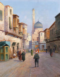Pintura a óleo de uma rua movimentada em um cenário oriental, com pessoas vestindo trajes tradicionais, edifícios históricos e uma mesquita com minarete ao fundo sob um céu azul claro.