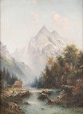 Pintura a óleo de paisagem alpina com montanhas, rio, cachoeira e uma pequena cabana de madeira à margem, sob um céu claro. Atribuída a Karl Kaufmann.