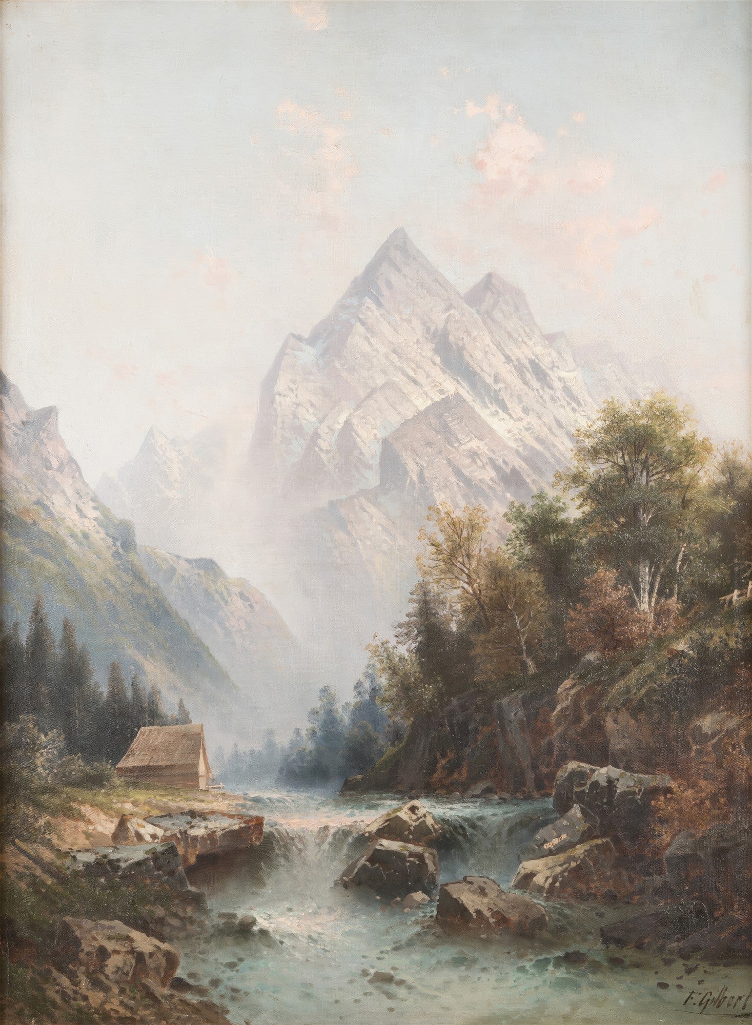 Pintura a óleo de paisagem alpina com montanhas, rio, cachoeira e uma pequena cabana de madeira à margem, sob um céu claro. Atribuída a Karl Kaufmann.