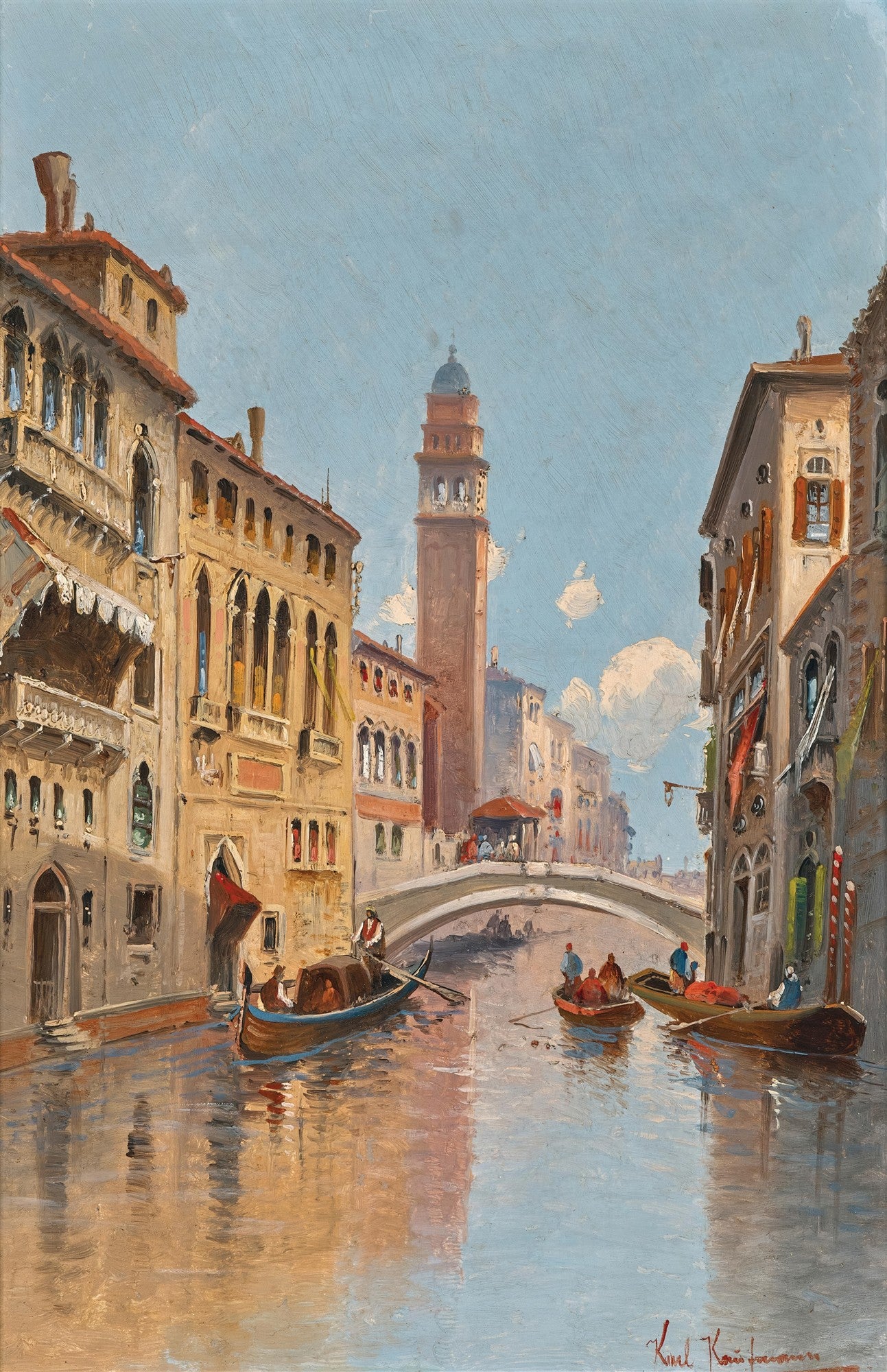 Pintura a óleo de um canal em Veneza com edifícios históricos, uma torre e gôndolas com pessoas, em tons de azul, dourado e terracota, sob um céu claro.