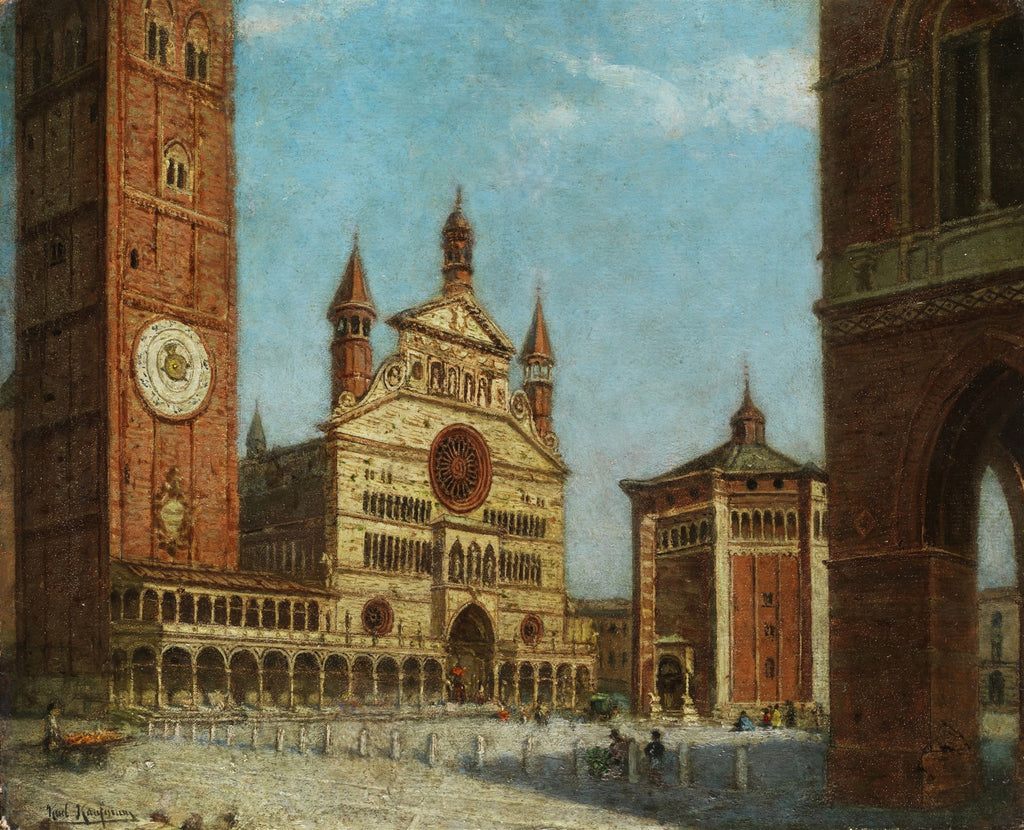 Pintura a óleo de Karl Kaufmann retratando a fachada de uma imponente catedral com uma torre de relógio e outras edificações ao redor, com um céu azul e pessoas pequenas na praça.