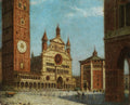 Pintura a óleo de Karl Kaufmann retratando a fachada de uma imponente catedral com uma torre de relógio e outras edificações ao redor, com um céu azul e pessoas pequenas na praça.