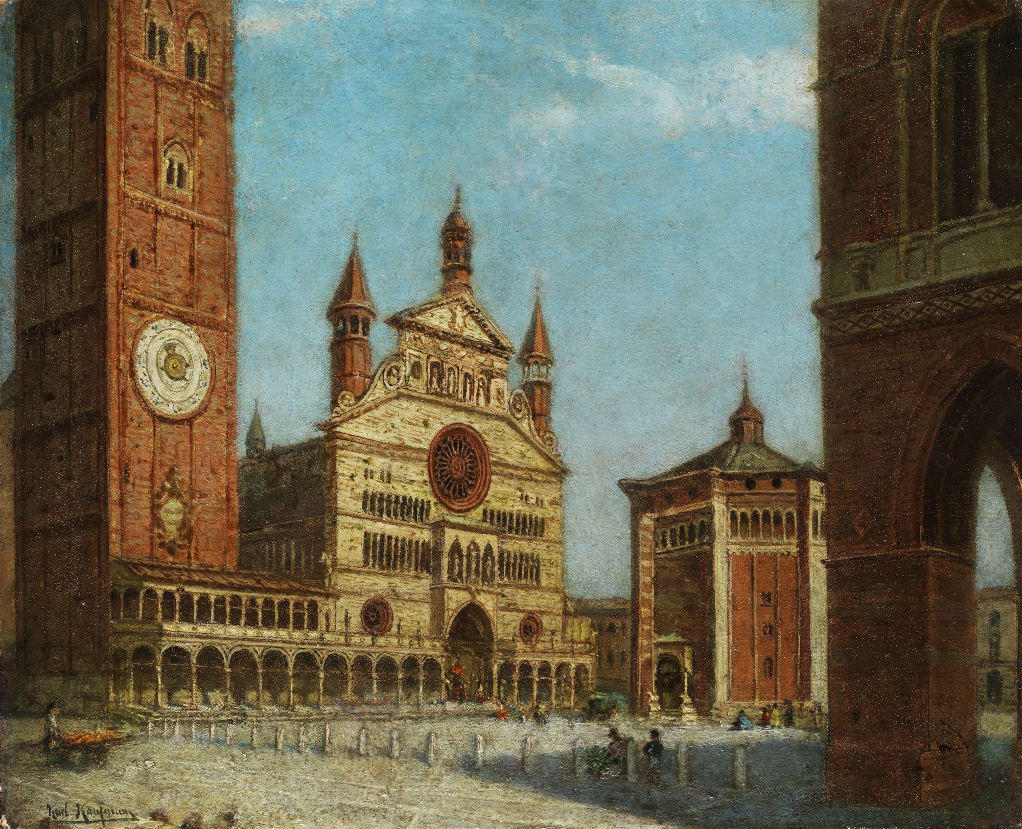Pintura a óleo de Karl Kaufmann retratando a fachada de uma imponente catedral com uma torre de relógio e outras edificações ao redor, com um céu azul e pessoas pequenas na praça.