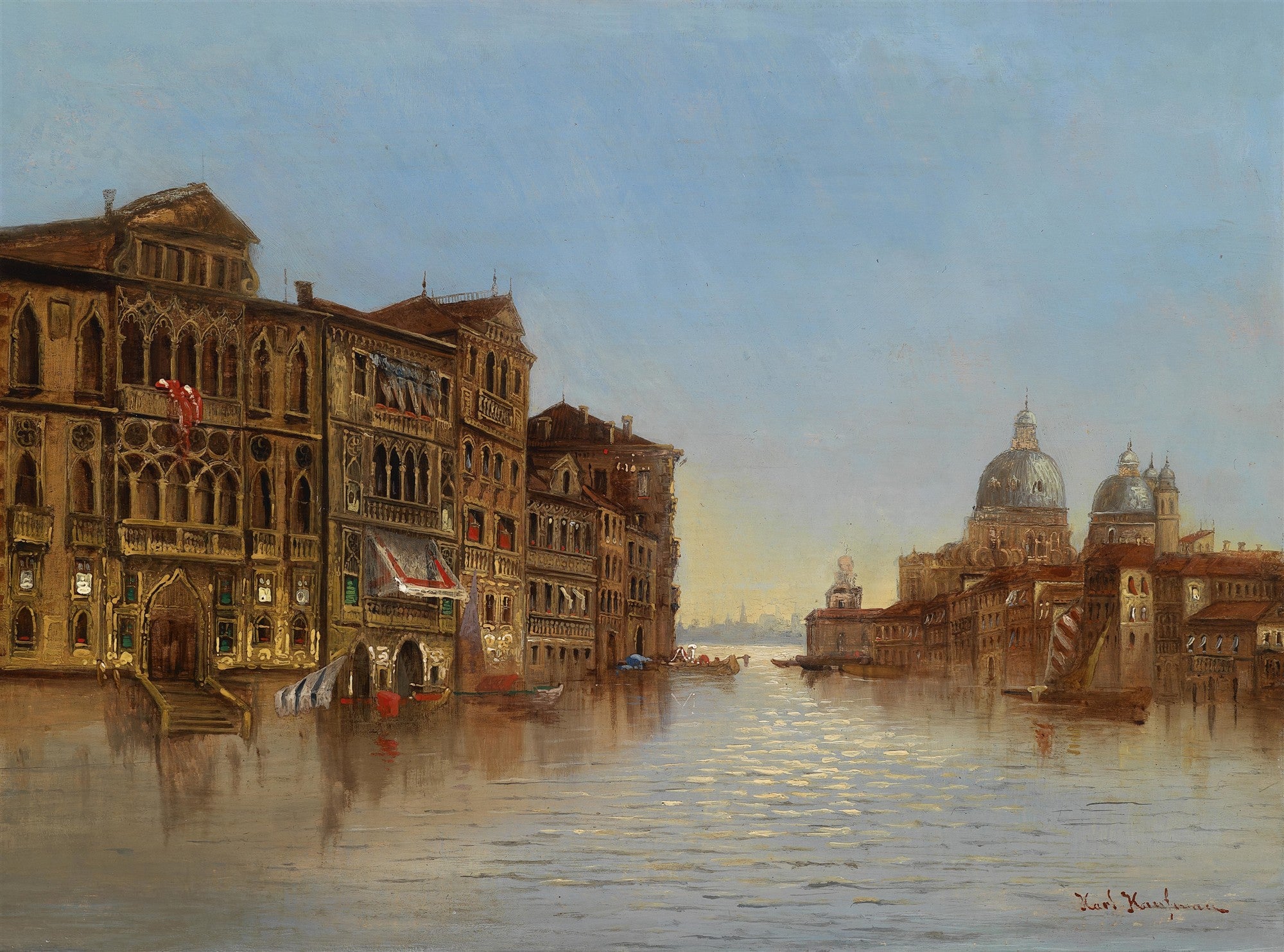 Pintura a óleo de Karl Kaufmann retratando o Grande Canal de Veneza, com edifícios históricos detalhados à esquerda e cúpulas de igrejas à direita, refletidos na água calma sob um céu azul claro.