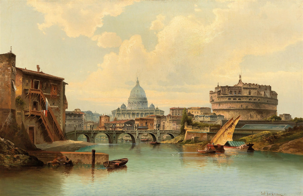 Pintura a óleo de Karl Kaufmann retratando uma vista panorâmica de Roma com o Rio Tibre em primeiro plano, o Castelo de Santo Ângelo à direita e a Basílica de São Pedro ao fundo, sob um céu claro com nuvens esparsas. Barcos estão ancorados no rio e edifícios históricos ladeiam as margens.