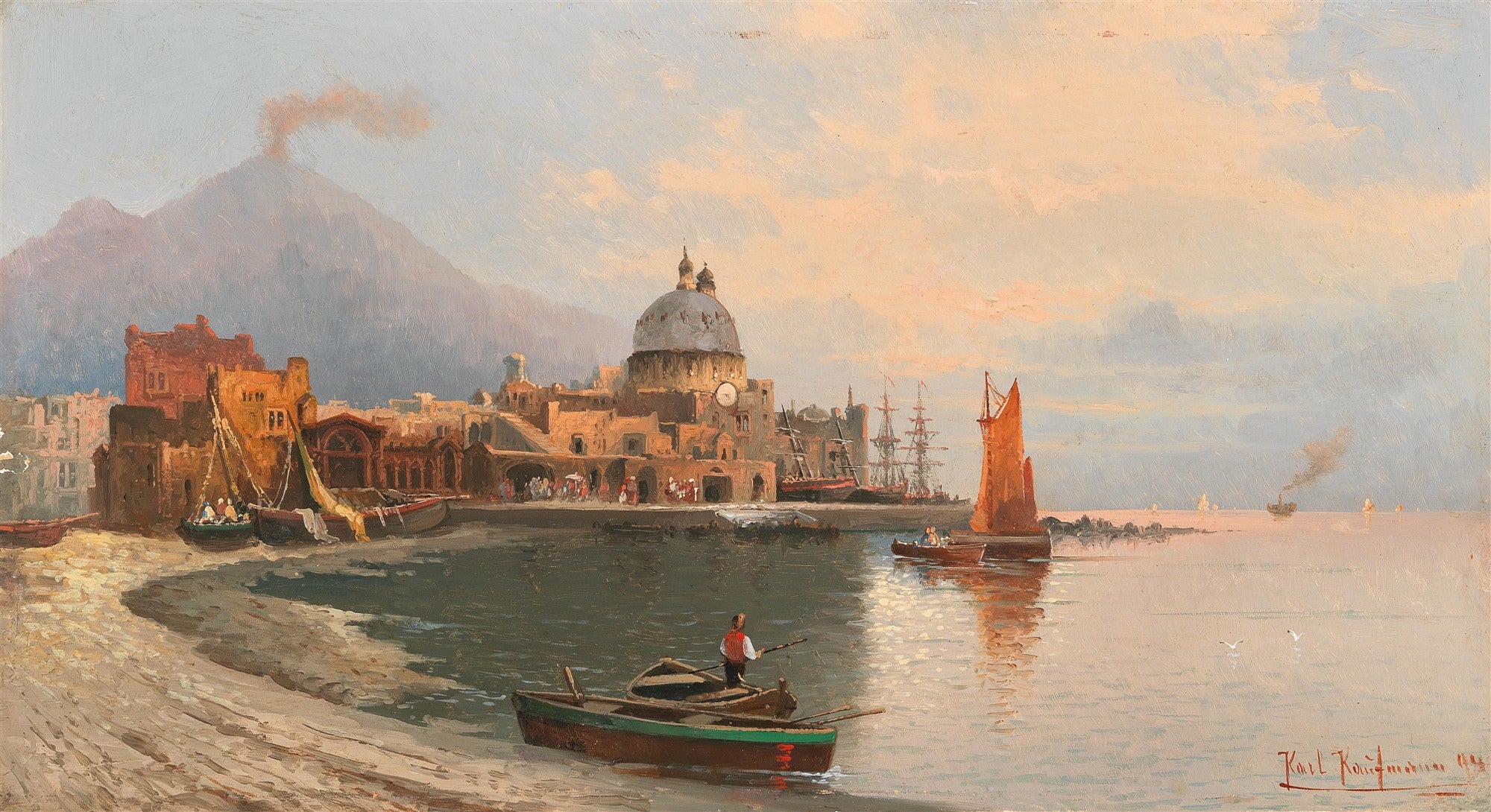 Pintura a óleo atribuída a Karl Kaufmann mostrando um porto italiano com barcos, edifícios históricos e um vulcão ao fundo. O céu tem tons de rosa e azul, refletindo na água calma do mar.