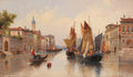 Pintura a óleo de Karl Kaufmann retratando um canal de Veneza com gôndolas e barcos a vela, edifícios históricos e uma torre sineira ao fundo, sob um céu claro.