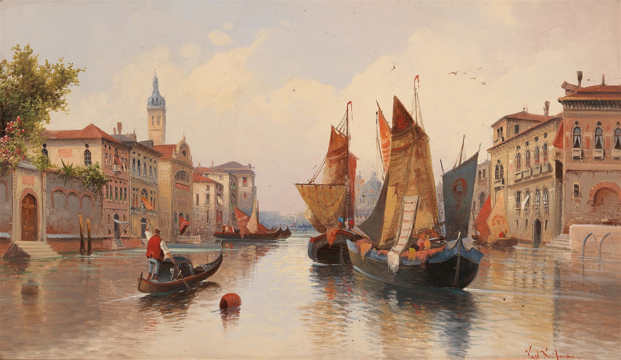 Pintura a óleo de Karl Kaufmann retratando um canal de Veneza com gôndolas e barcos a vela, edifícios históricos e uma torre sineira ao fundo, sob um céu claro.