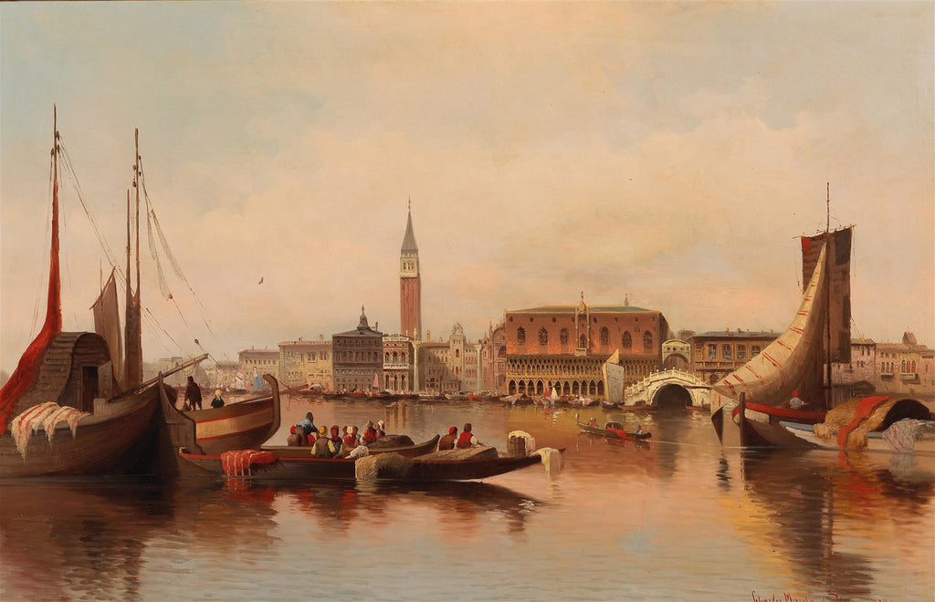 Pintura a óleo de Karl Kaufmann retratando uma vista panorâmica de Veneza ao entardecer, com o Palácio Ducal, a Torre do Sino e outras construções históricas refletidas nas águas calmas. Embarcações tradicionais com pessoas a bordo e velas vermelhas dominam o primeiro plano, sob um céu claro em tons de pêssego e azul.