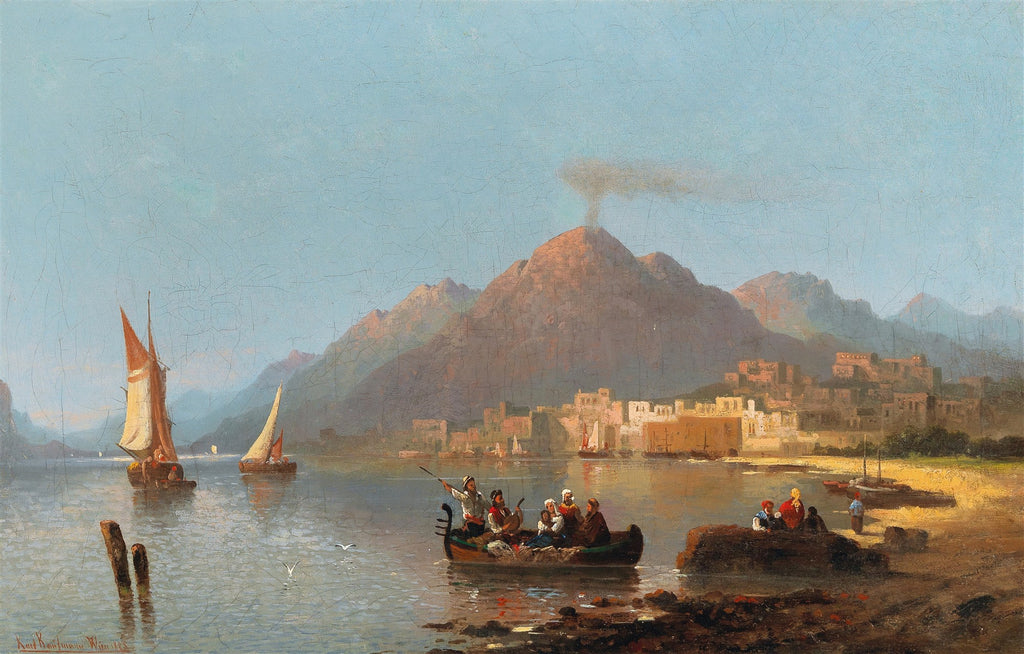Pintura a óleo de Karl Kaufmann retratando um porto mediterrâneo com montanhas, vilarejo, barcos a vela e um vulcão soltando fumaça ao fundo, sob um céu azul claro.