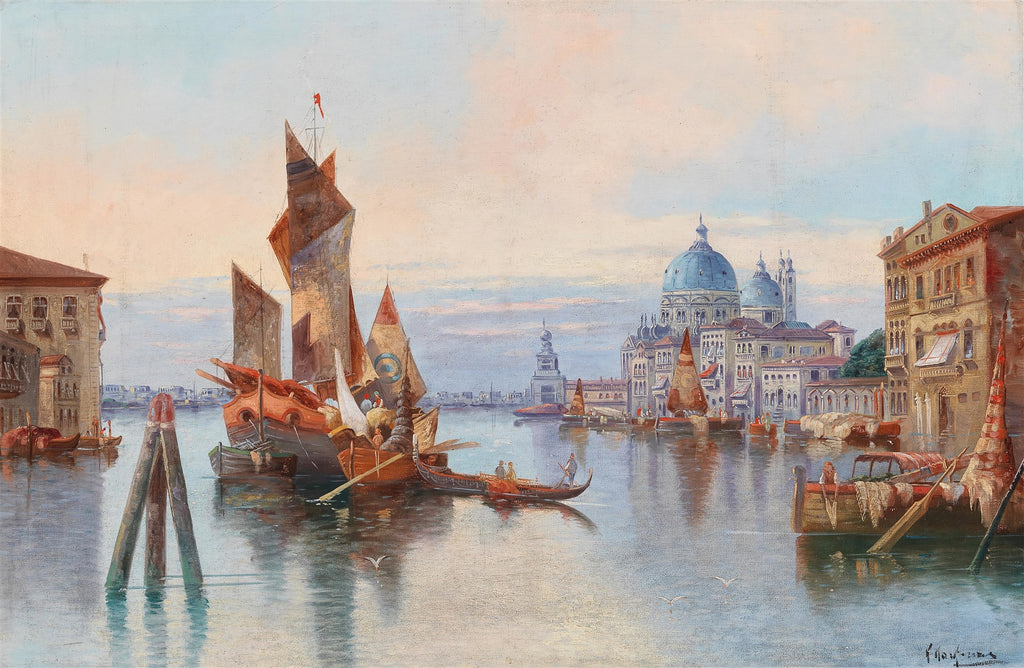 Pintura a óleo de Karl Kaufmann retratando o Grande Canal de Veneza ao entardecer, com gôndolas e barcos, e a Basílica de Santa Maria della Salute ao fundo.
