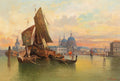 Pintura a óleo de Karl Kaufmann retratando um porto de Veneza ao entardecer, com barcos de vela e gôndolas em um canal dourado, e edifícios históricos ao fundo, sob um céu alaranjado.