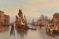 Pintura a óleo de Karl Kaufmann retratando o Canal Grande em Veneza com barcos e edifícios históricos ao entardecer, com destaque para a Basílica de Santa Maria della Salute.