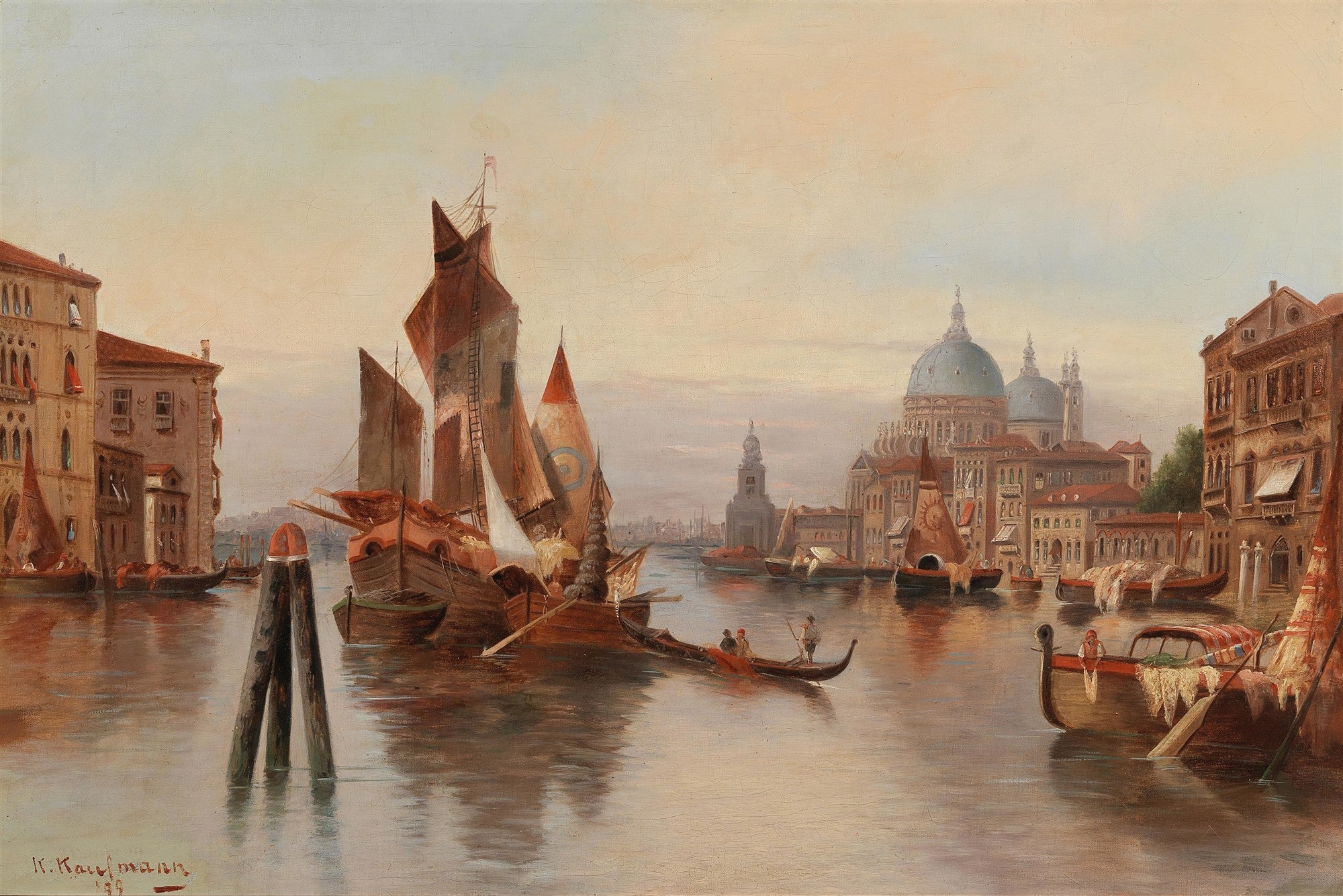 Pintura a óleo de Karl Kaufmann retratando o Canal Grande em Veneza com barcos e edifícios históricos ao entardecer, com destaque para a Basílica de Santa Maria della Salute.