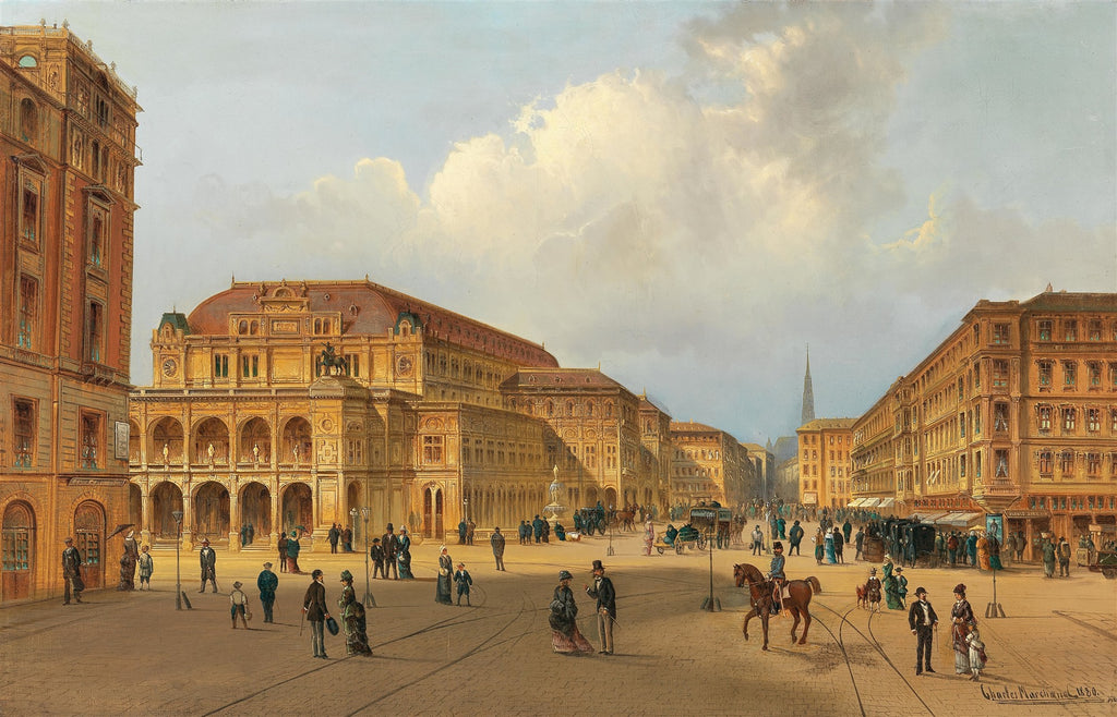 Pintura a óleo de Karl Kaufmann retratando a Ópera Estatal de Viena e a praça movimentada em frente, com pessoas e carruagens sob um céu nublado.