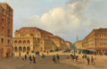 Pintura a óleo de Karl Kaufmann retratando a Ópera Estatal de Viena e a praça movimentada em frente, com pessoas e carruagens sob um céu nublado.