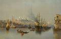 Pintura a óleo de Karl Kaufmann retratando o porto de Constantinopla ao entardecer, com navios mercantes, barcos menores e a silhueta de mesquitas e minaretes na cidade ao fundo sob um céu nublado.