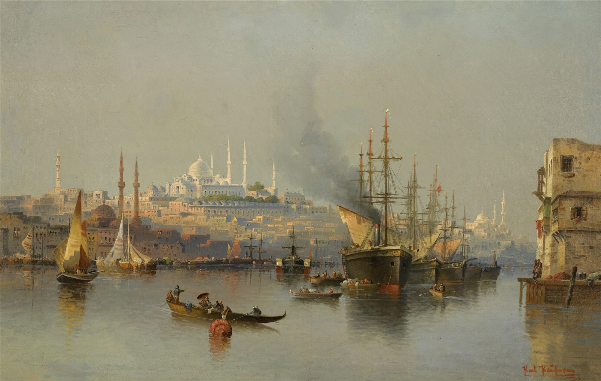 Pintura a óleo de Karl Kaufmann retratando o porto de Constantinopla ao entardecer, com navios mercantes, barcos menores e a silhueta de mesquitas e minaretes na cidade ao fundo sob um céu nublado.
