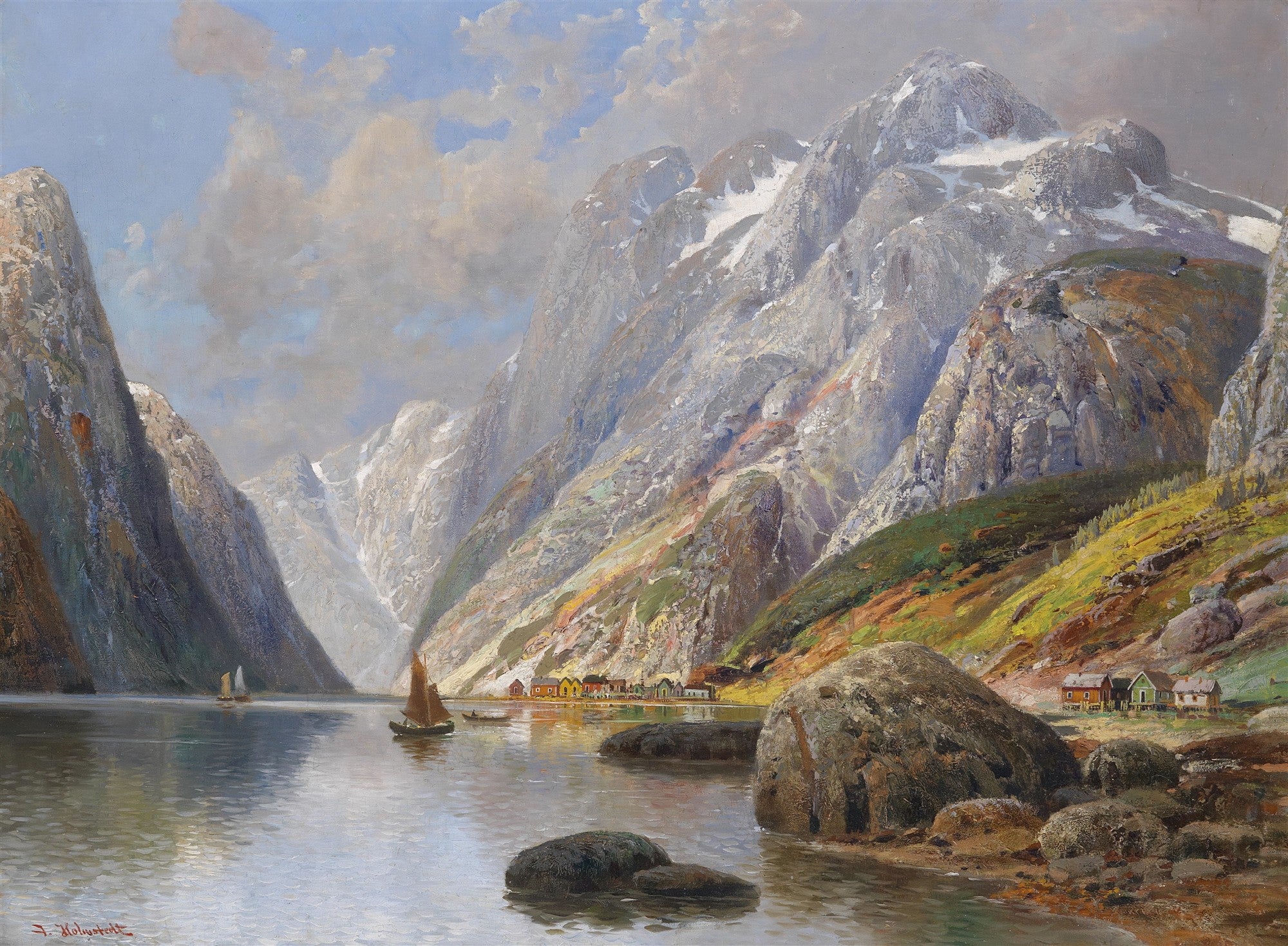 Pintura a óleo de Karl Kaufmann retratando um fiorde norueguês com montanhas imponentes, um lago calmo com barcos à vela e uma pequena vila costeira com casas coloridas às margens. O céu está parcialmente nublado.