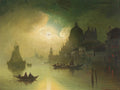 Pintura a óleo de Karl Kaufmann mostrando Veneza à noite, com uma lua cheia refletindo sobre os canais. Barcos com pessoas flutuam na água, e edifícios históricos com cúpulas se erguem no fundo, sob um céu dramático e nebuloso. A paleta de cores é escura, com tons de verde-azulado e amarelo pálido da luz da lua.