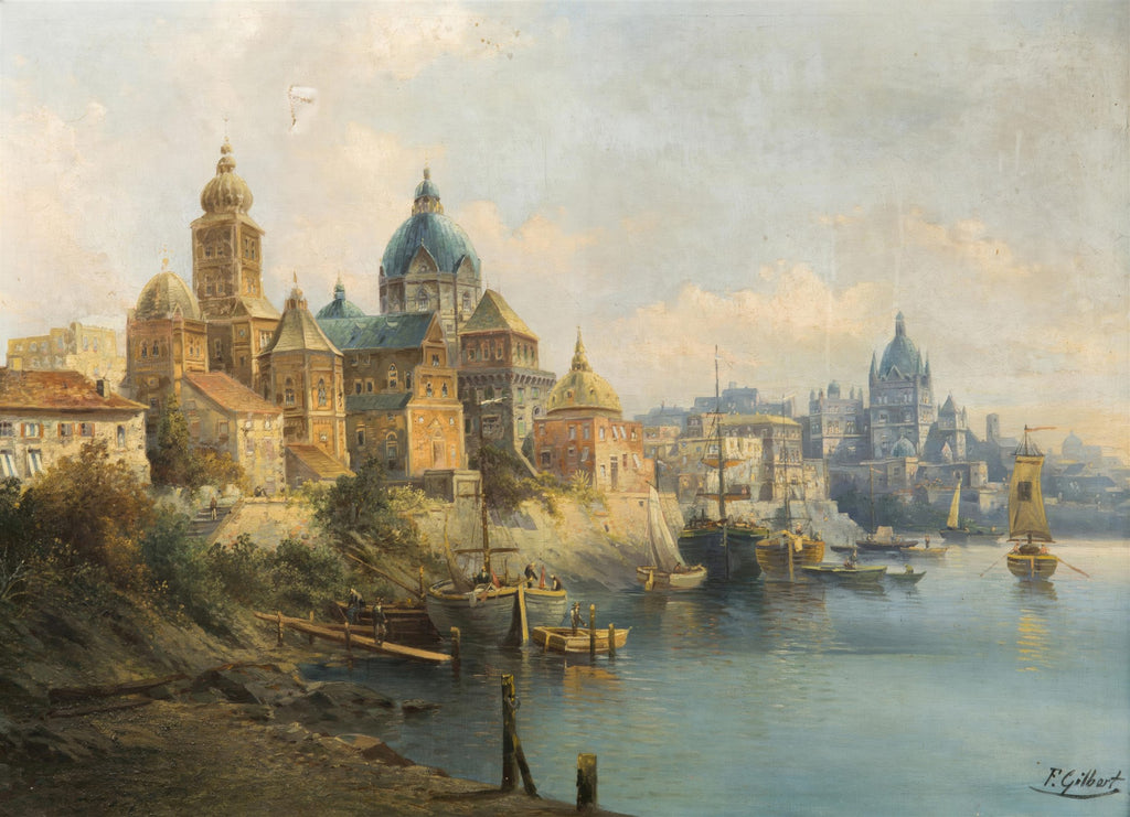 Pintura a óleo de Karl Kaufmann retratando um porto mediterrâneo com barcos, edifícios históricos e torres sob um céu claro.