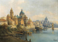 Pintura a óleo de Karl Kaufmann retratando um porto mediterrâneo com barcos, edifícios históricos e torres sob um céu claro.