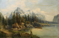 Pintura a óleo de uma paisagem alpina com montanhas nevadas ao fundo, um lago calmo com barcos e vegetação exuberante na margem. A luz suave ilumina a cena.