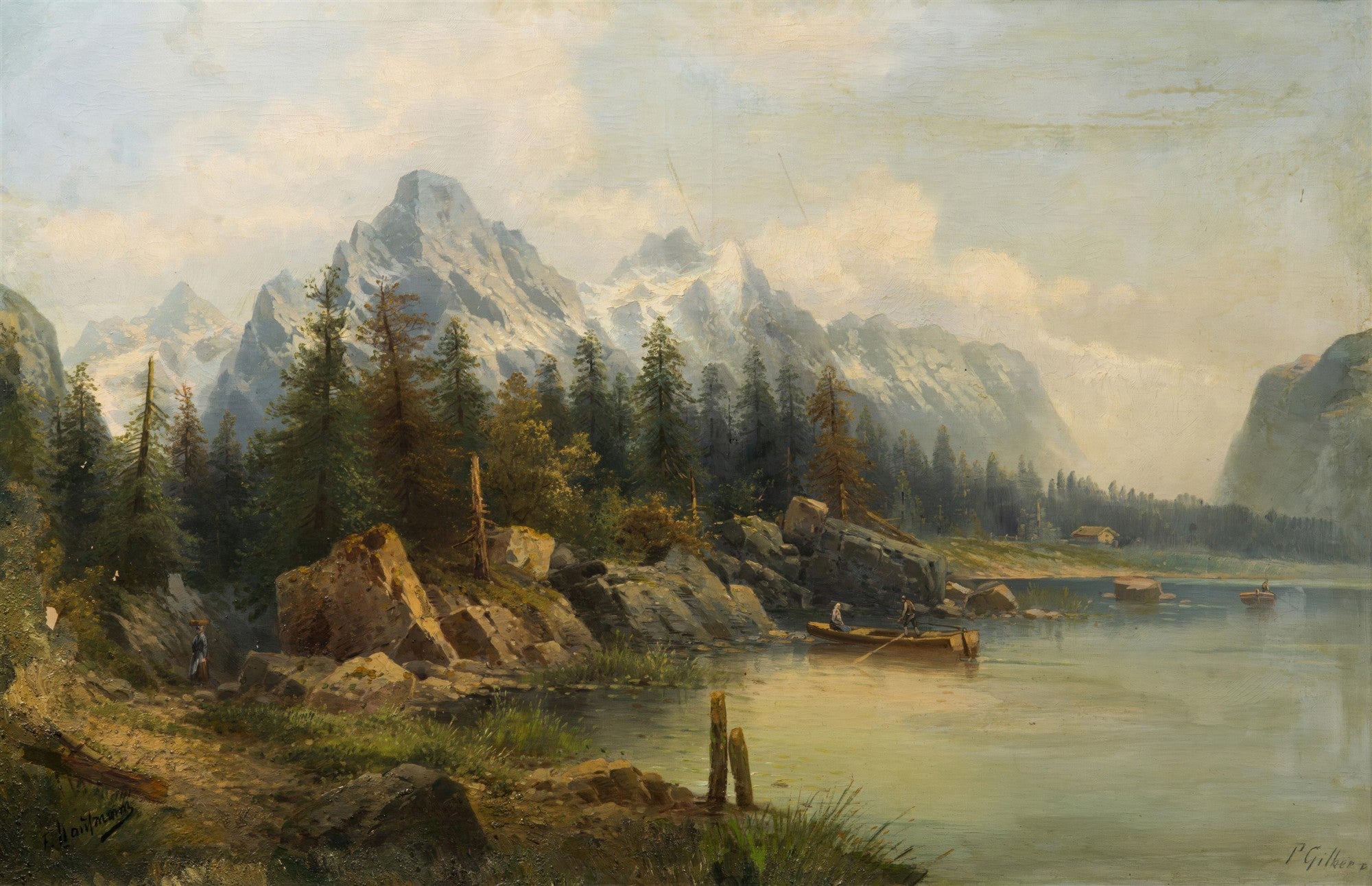 Pintura a óleo de uma paisagem alpina com montanhas nevadas ao fundo, um lago calmo com barcos e vegetação exuberante na margem. A luz suave ilumina a cena.