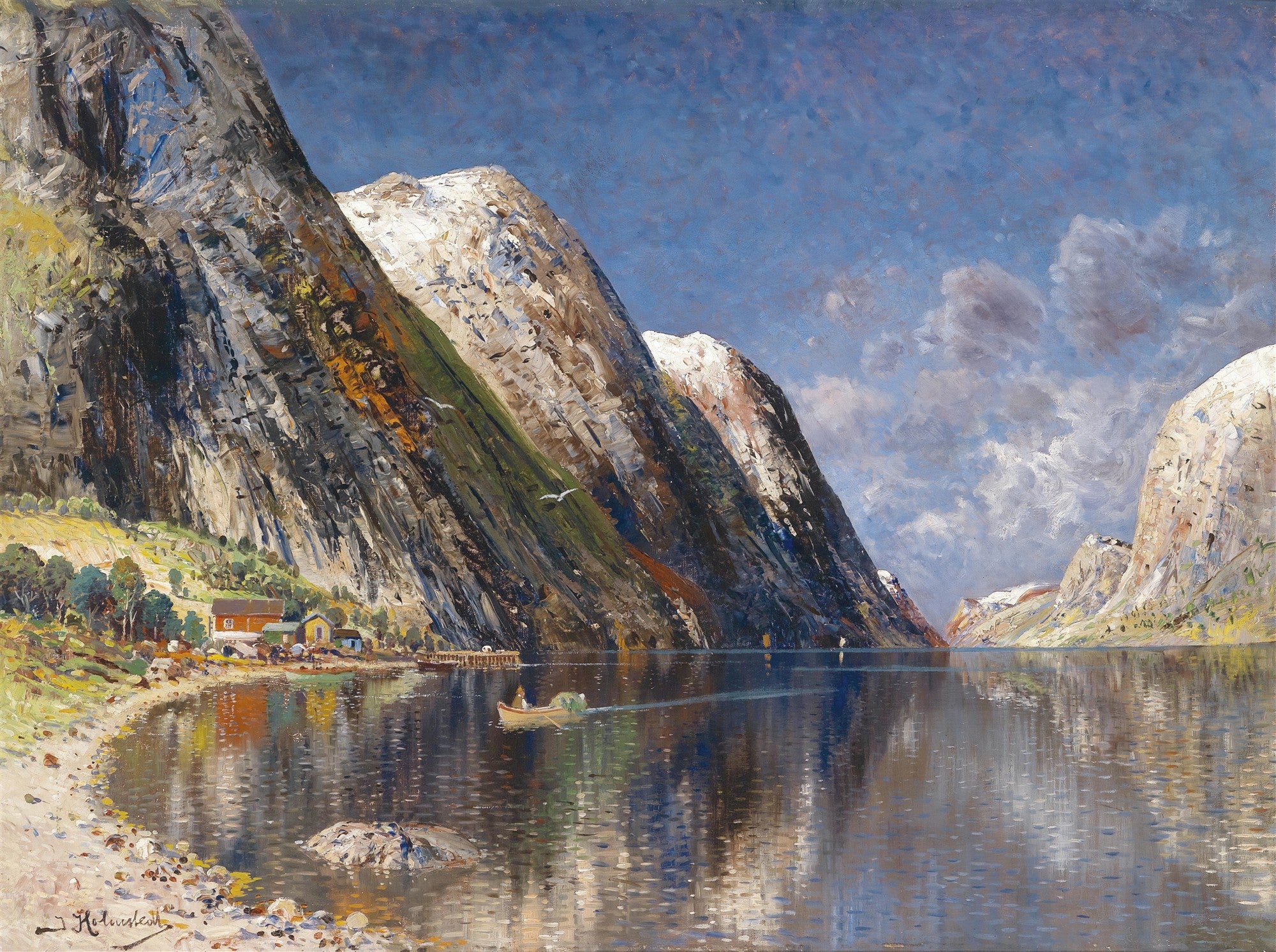 Pintura a óleo de um fiorde norueguês com montanhas escarpadas, água refletora, um pequeno vilarejo costeiro e um barco a remo no centro. Céu azul com nuvens brancas e cinzas.