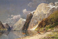 Pintura a óleo de um fiorde norueguês com montanhas imponentes, água calma refletindo o céu nublado, um barco a vapor ao longe e pequenas casas à beira da praia com barcos de pesca. A imagem evoca a majestade da natureza e a vida à beira-mar.