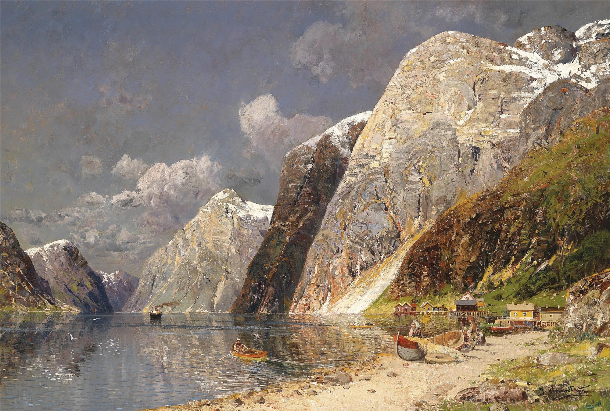 Pintura a óleo de um fiorde norueguês com montanhas imponentes, água calma refletindo o céu nublado, um barco a vapor ao longe e pequenas casas à beira da praia com barcos de pesca. A imagem evoca a majestade da natureza e a vida à beira-mar.