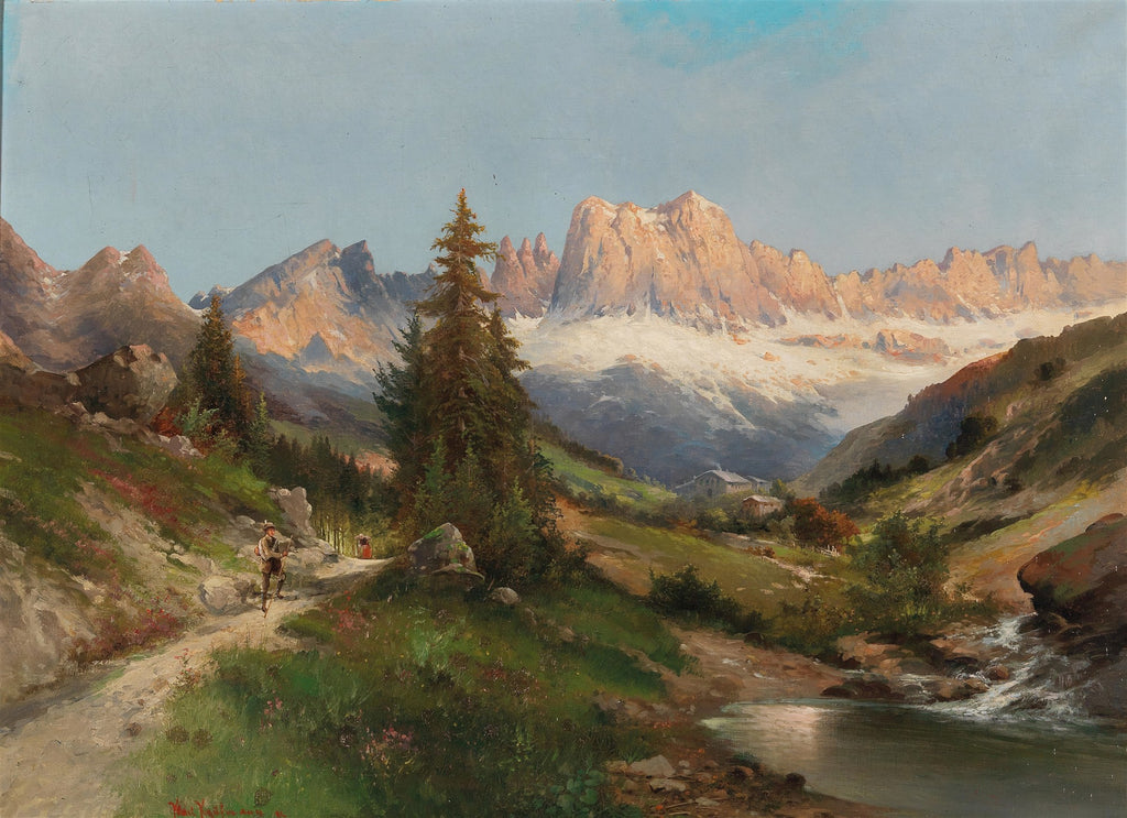 Pintura a óleo de paisagem alpina com montanhas nevadas ao fundo, árvores verdejantes, um riacho e caminhantes em uma trilha, atribuída a Karl Kaufmann.