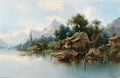 Pintura a óleo de paisagem alpina com lago, montanhas ao fundo, e casas rústicas à beira da água com barcos. Céu claro com nuvens esparsas.