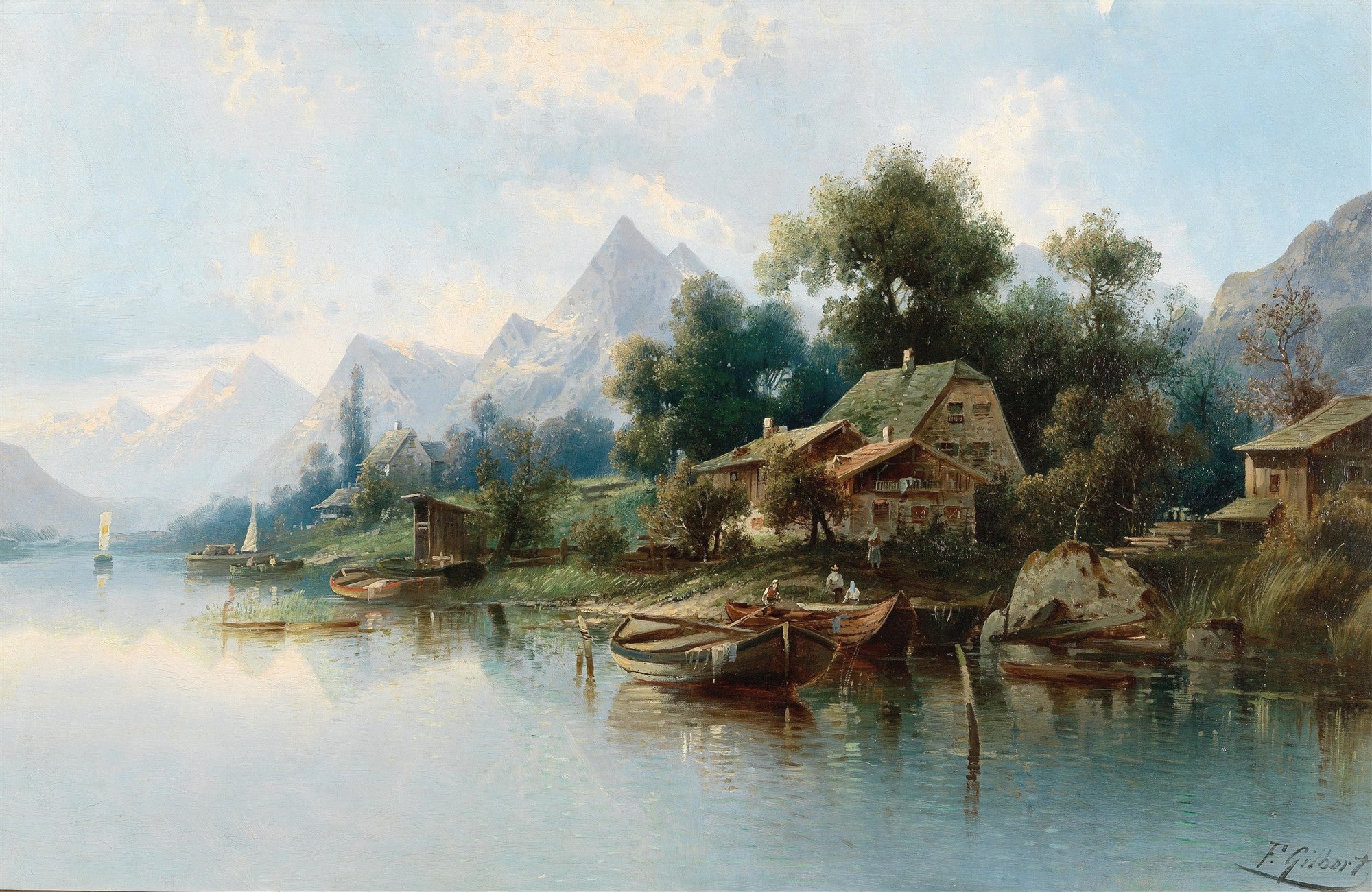 Pintura a óleo de paisagem alpina com lago, montanhas ao fundo, e casas rústicas à beira da água com barcos. Céu claro com nuvens esparsas.