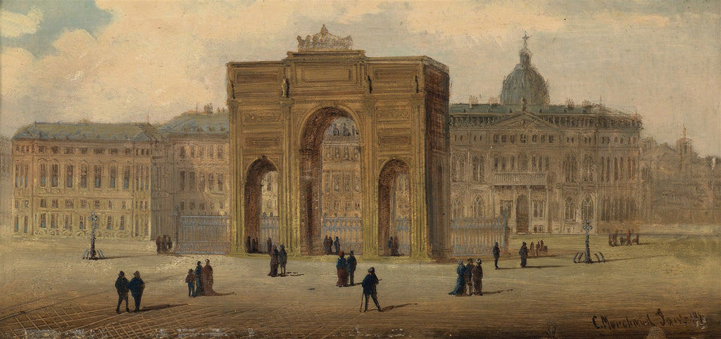 Pintura a óleo de Karl Kaufmann retratando o Arco de Triunfo em Paris, com edifícios ao fundo e figuras caminhando pela praça. A iluminação é suave, com tons predominantemente terrosos e céu claro com nuvens.
