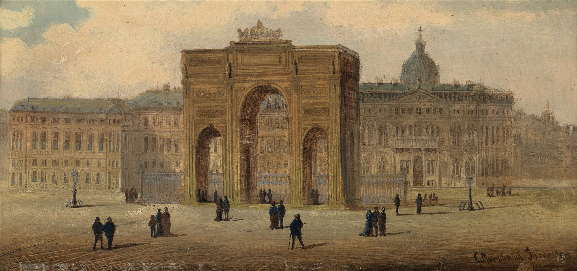 Pintura a óleo de Karl Kaufmann retratando o Arco de Triunfo em Paris, com edifícios ao fundo e figuras caminhando pela praça. A iluminação é suave, com tons predominantemente terrosos e céu claro com nuvens.