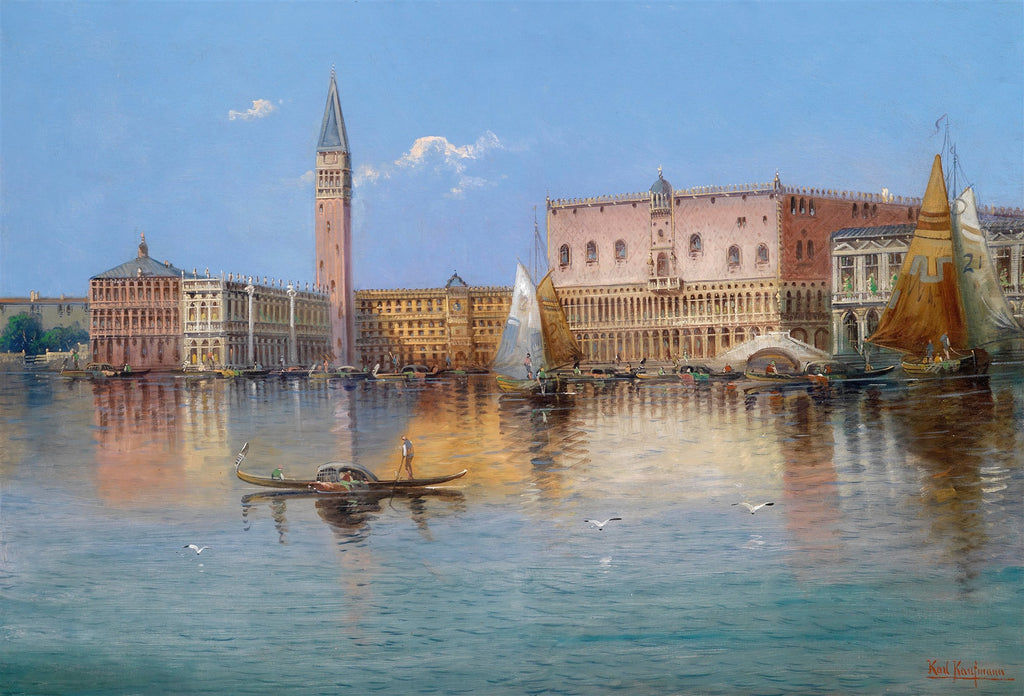 Pintura a óleo de Veneza com o Grande Canal, o Palácio Ducal e a Torre do Campanário de São Marcos ao fundo. Gôndolas e veleiros flutuam na água azul-esverdeada, sob um céu claro com algumas nuvens brancas. A luz reflete nos edifícios históricos e na superfície da água.
